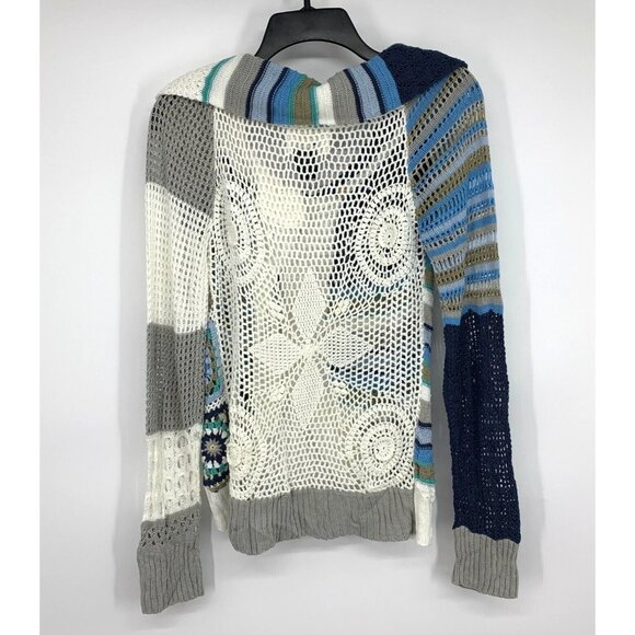 Desigual Cardigan Patchwork White Blue Acrylic Knit Zip Front - Picture 6 of 9